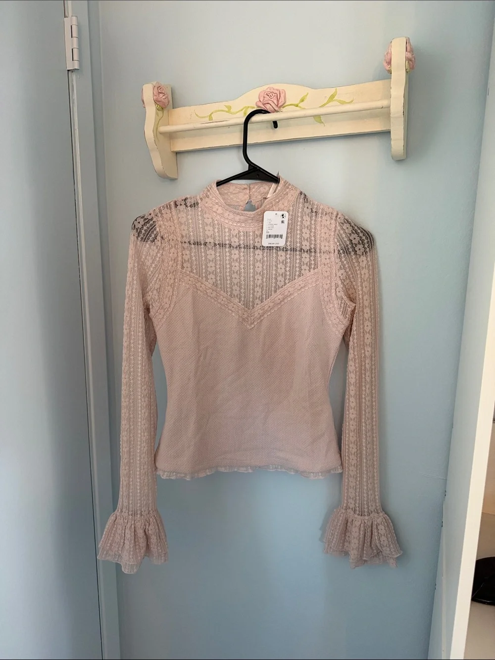 Free People Blush Pink Lace-Trim Long Sleeve Top